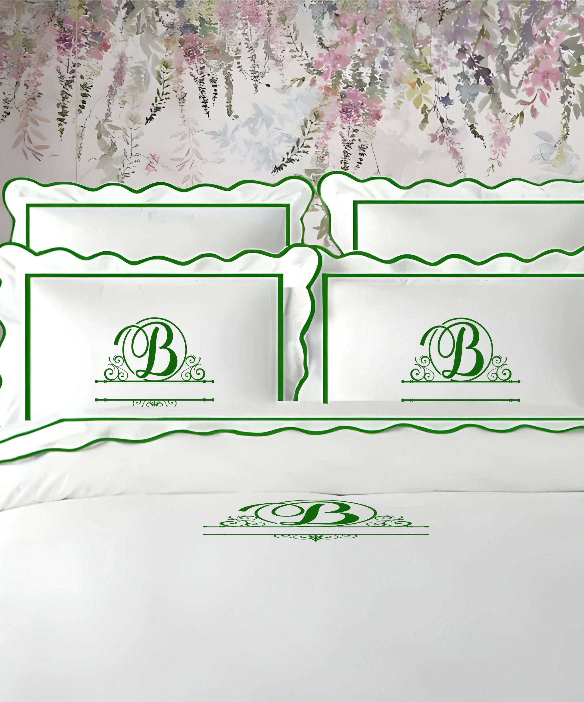 Monogram 400TC Cotton Scallop Embroidery & Border Sateen Solid Duvet Cover Set