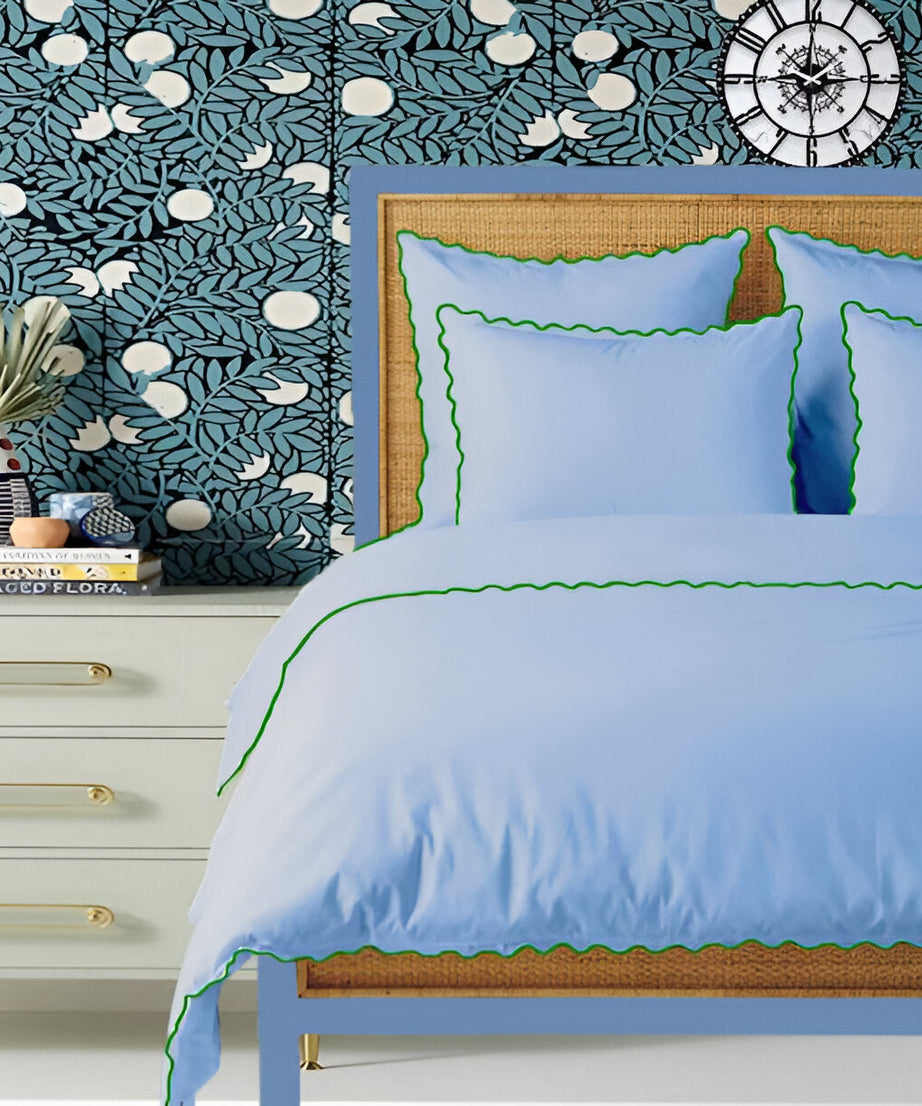 Light Blue 400TC Cotton Small Scallop Embroidery Duvet Cover Set