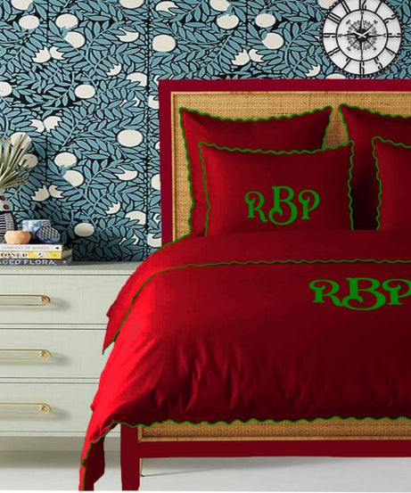 Monogram Burgundy 400TC Cotton Small Scallop Embroidery Duvet Cover Set