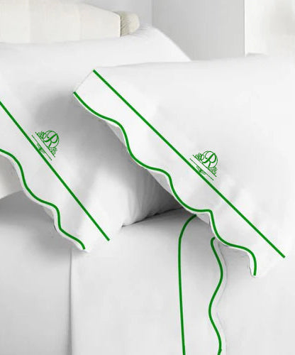 Monogram 400TC Cotton Scallop Embroidery & Border Sateen Solid Sheet Set