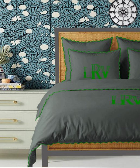 Monogram Dark Grey 400TC Cotton Small Scallop Embroidery Duvet Cover Set