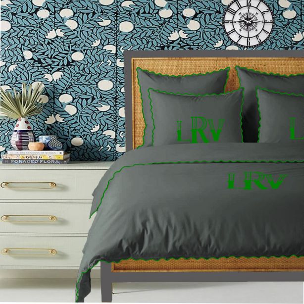 Monogram Dark Grey 400TC Cotton Small Scallop Embroidery Duvet Cover Set