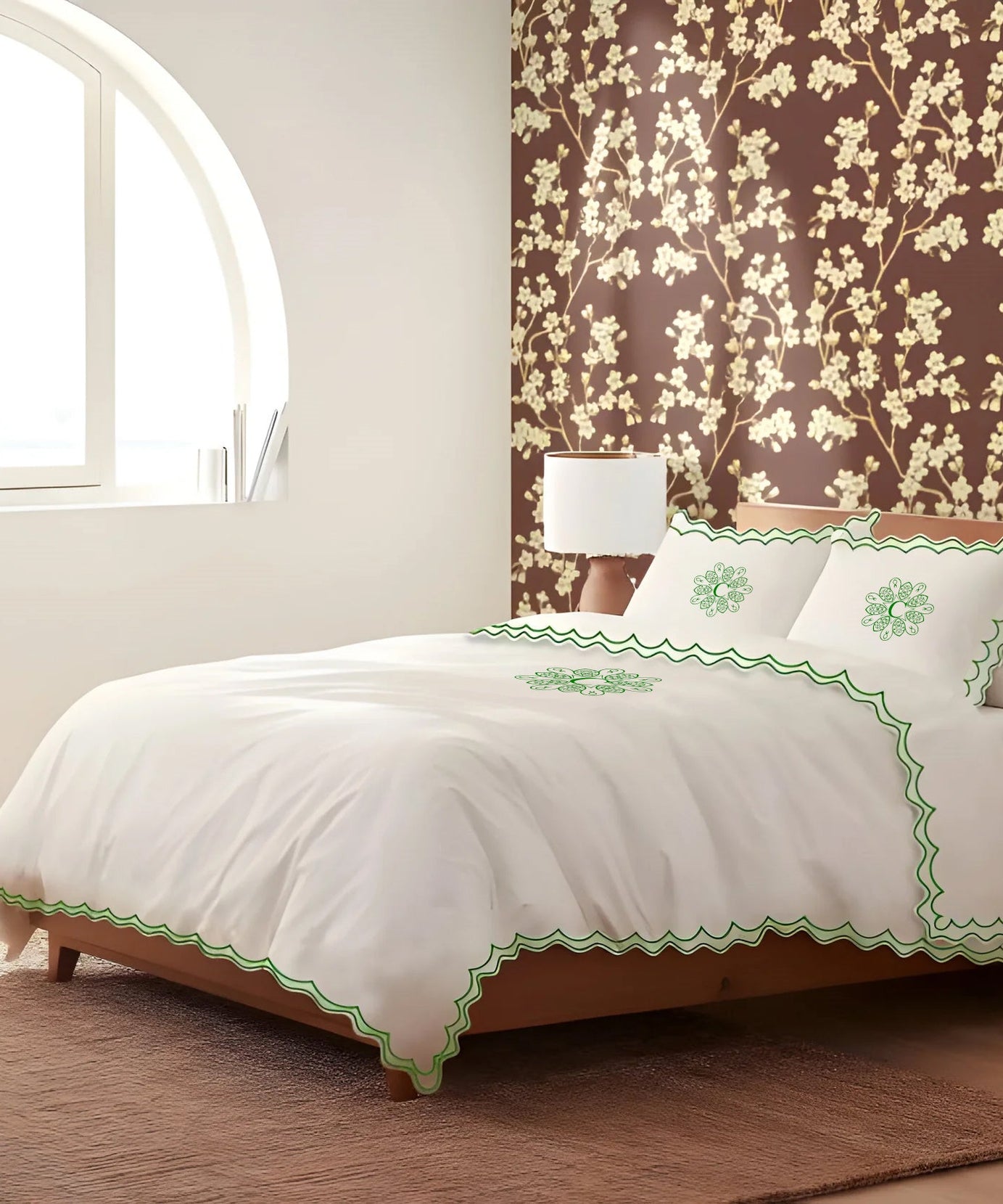 Monogram 400TC Cotton Sateen Double Scallop Embroidery Duvet Cover Set