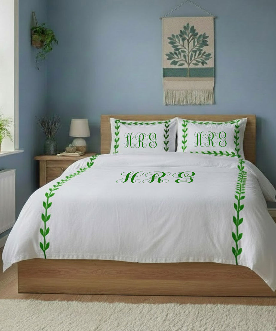 Monogram Layered Leaf Applique Cotton Duvet Cover Set