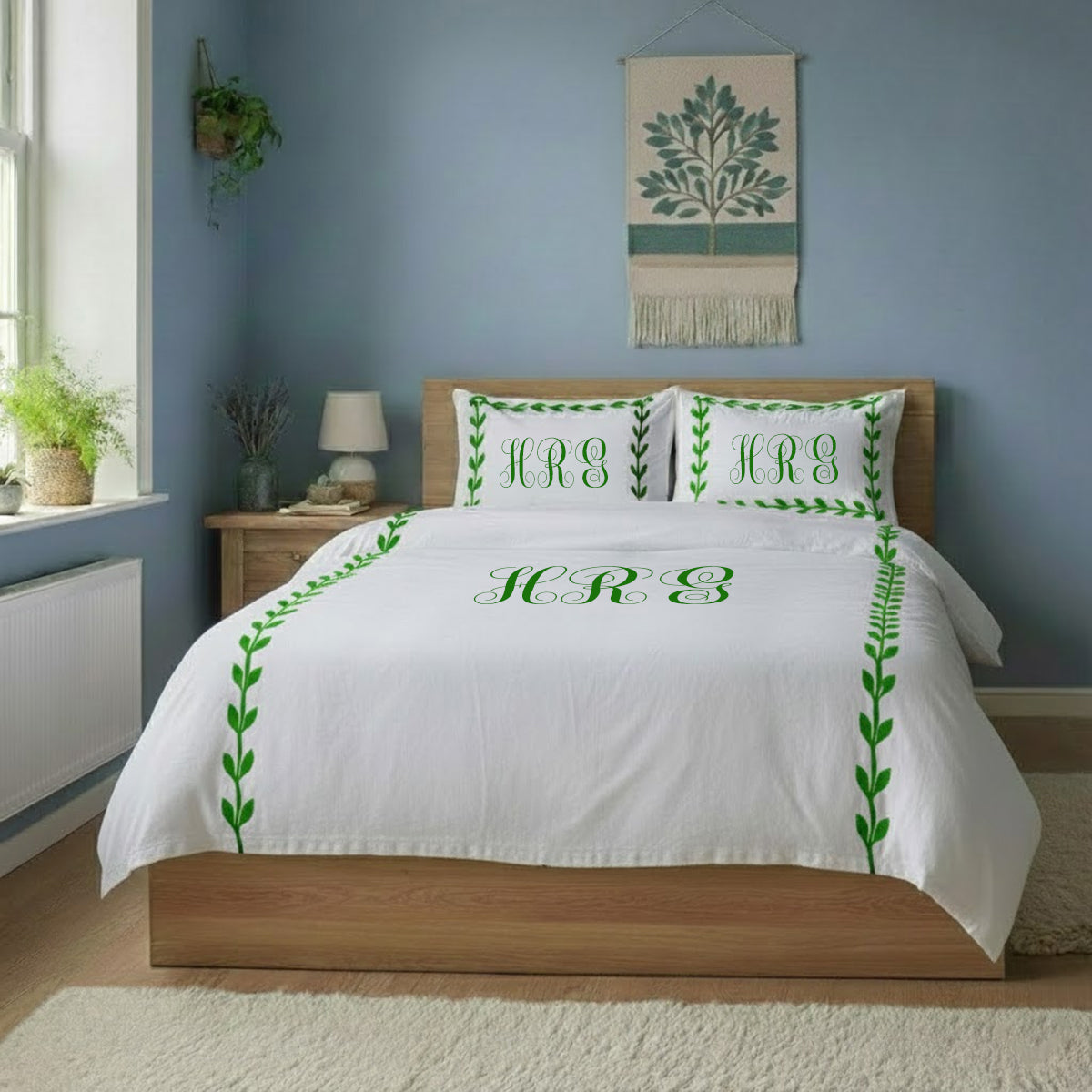 Monogram Layered Leaf Applique Cotton Duvet Cover Set