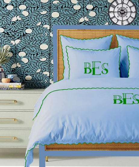 Monogram Light Blue 400TC Cotton Small Scallop Embroidery Duvet Cover Set