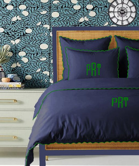 Monogram Navy 400TC Cotton Small Scallop Embroidery Duvet Cover Set