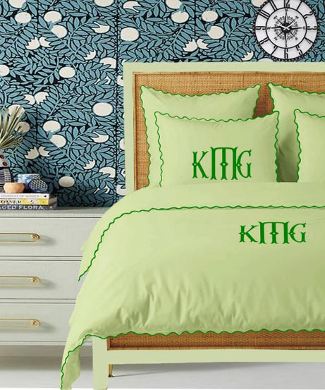 Monogram Sage 400TC Cotton Small Scallop Embroidery Duvet Cover Set