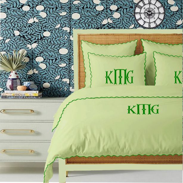 Monogram Sage 400TC Cotton Small Scallop Embroidery Duvet Cover Set