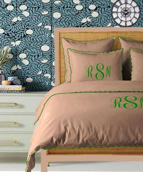 Monogram Taupe 400TC Cotton Small Scallop Embroidery Duvet Cover Set