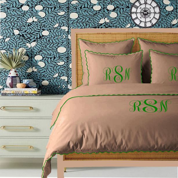 Monogram Taupe 400TC Cotton Small Scallop Embroidery Duvet Cover Set