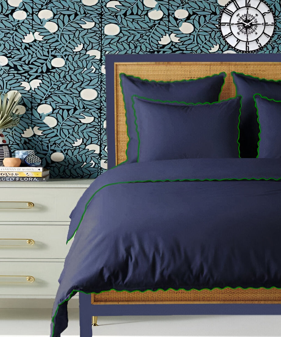 Navy 400TC Cotton Small Scallop Embroidery Duvet Cover Set