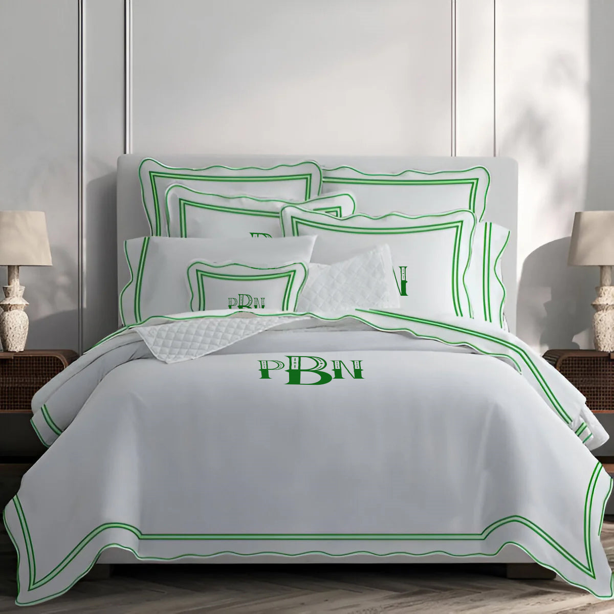 Monogram 400TC Wavy Embroidery & Border Cotton Sateen Solid Duvet Cover Set