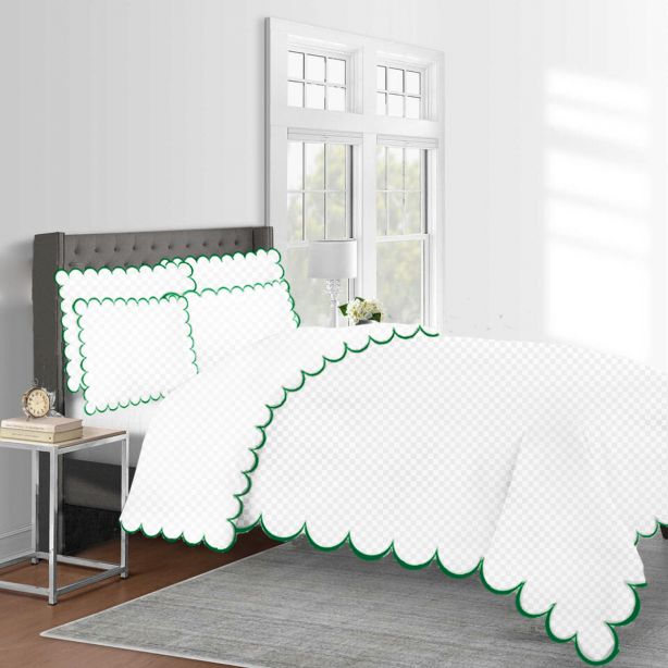Allena 400TC Cotton Scallop Embroidery Sateen Microcheck Duvet Cover Set