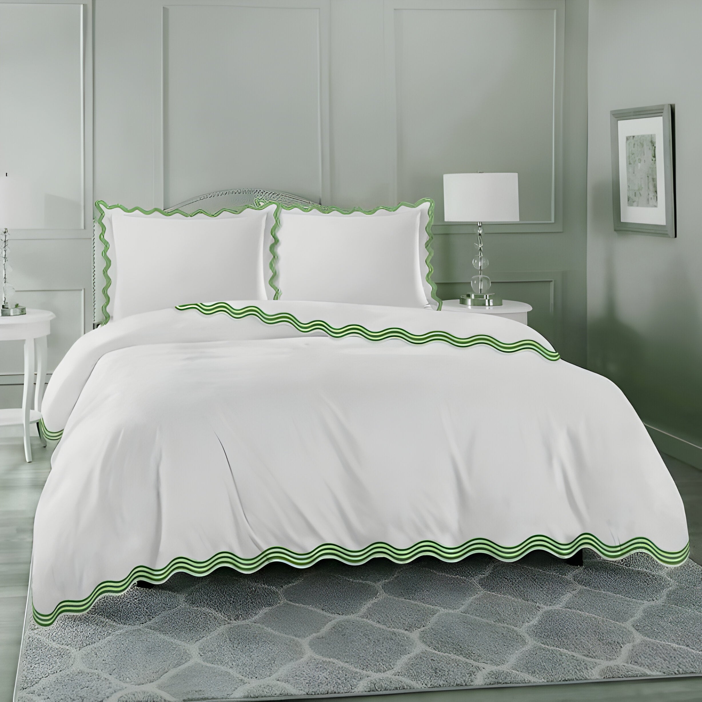 400TC Cotton Sateen Triple Scallop Embroidery Duvet Cover Set