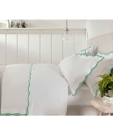400TC Cotton Scallop Embroidery Sateen Microcheck Duvet Cover Set