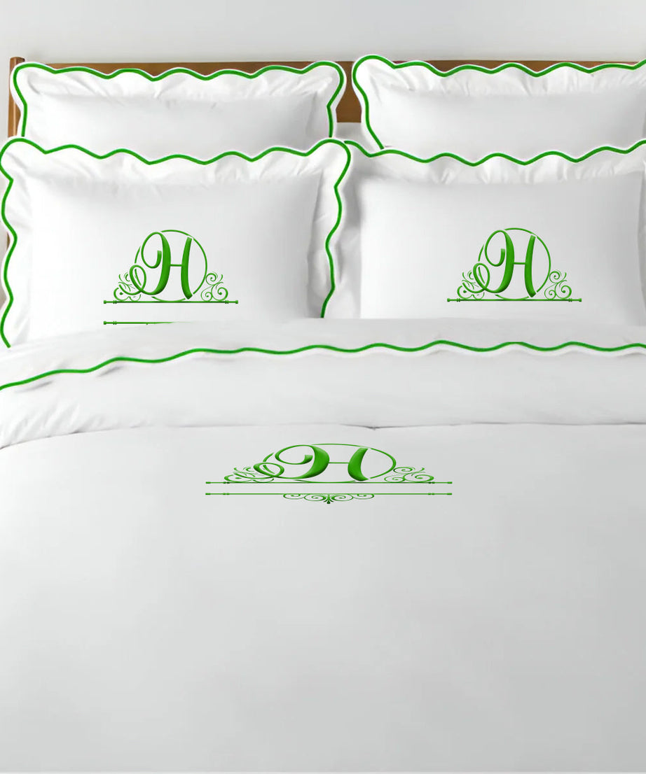 Monogram 400TC Cotton Scallop Embroidery Sateen Solid Duvet Cover Set