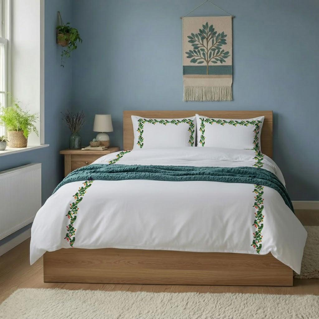 Bird Embroidered Cotton Duvet Cover Set