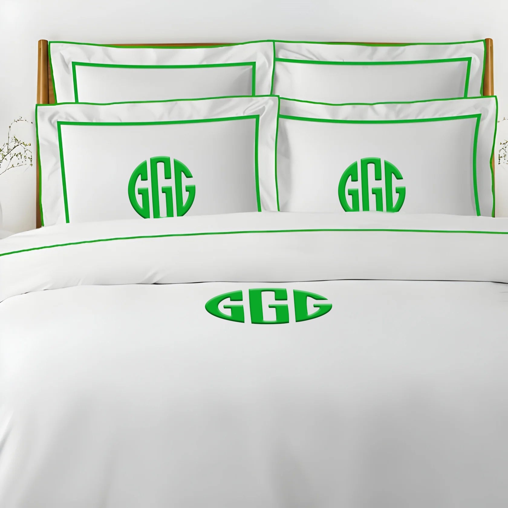 Monogram Embroidery & Border Cotton Sateen Solid Duvet Cover Set