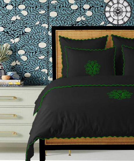 Monogram Black 400TC Cotton Small Scallop Embroidery Duvet Cover Set