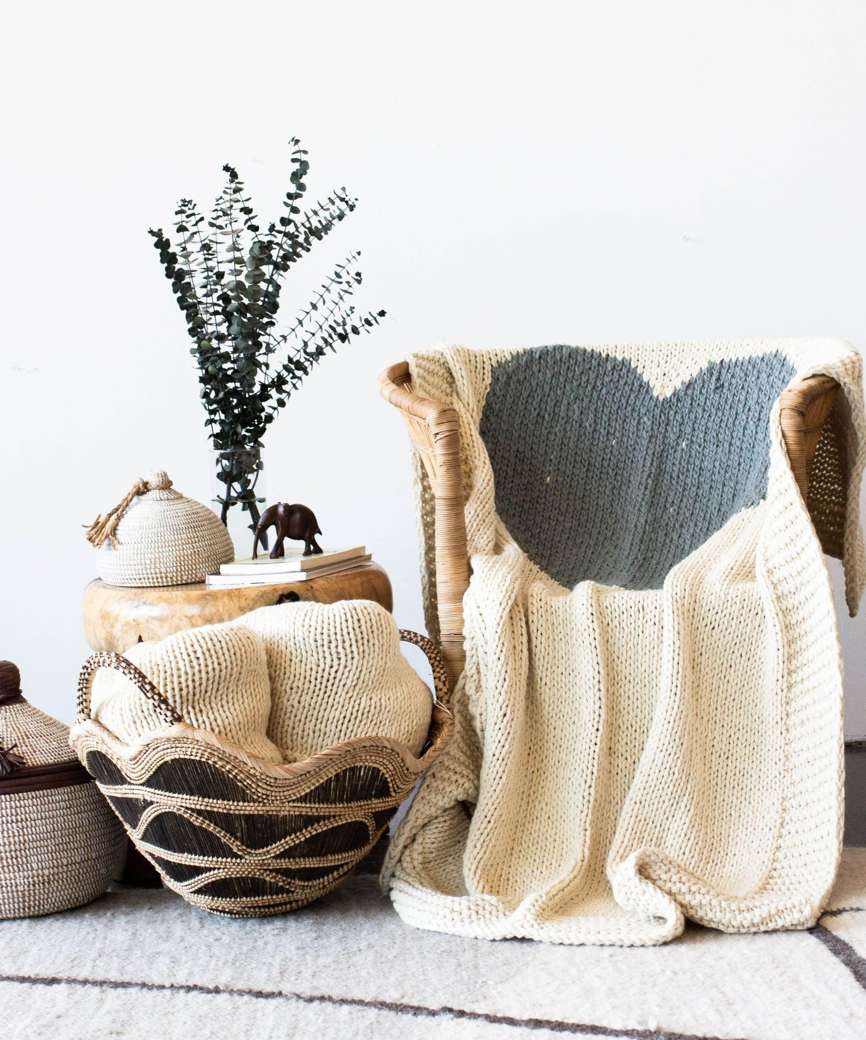 Hand-Knitted Merino Wool Heart Throw Blanket