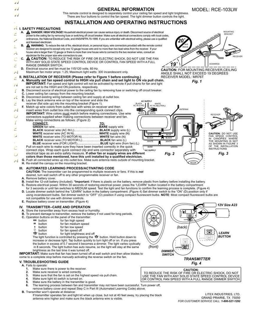 Substitute for Harbor Breeze RCE-103LW Ceiling Fan Remote Control [FAN35T-UC7067FMRX-KIT]