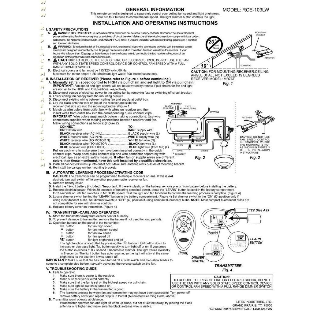 Substitute for Harbor Breeze RCE-103LW Ceiling Fan Remote Control [FAN35T-UC7067FMRX-KIT]