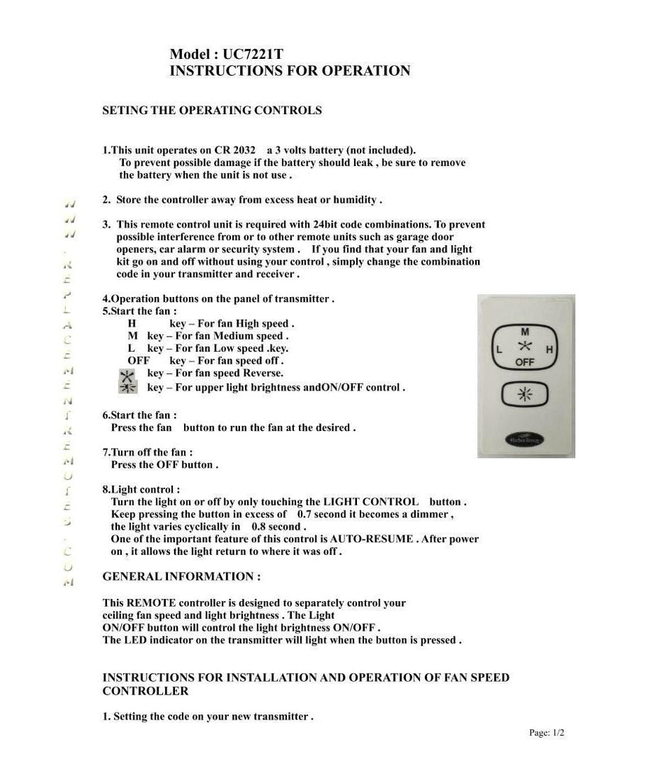 Ersatz für Harbor Breeze UC7221T CHQ7221T Deckenventilator-Fernbedienung [RR7221T]