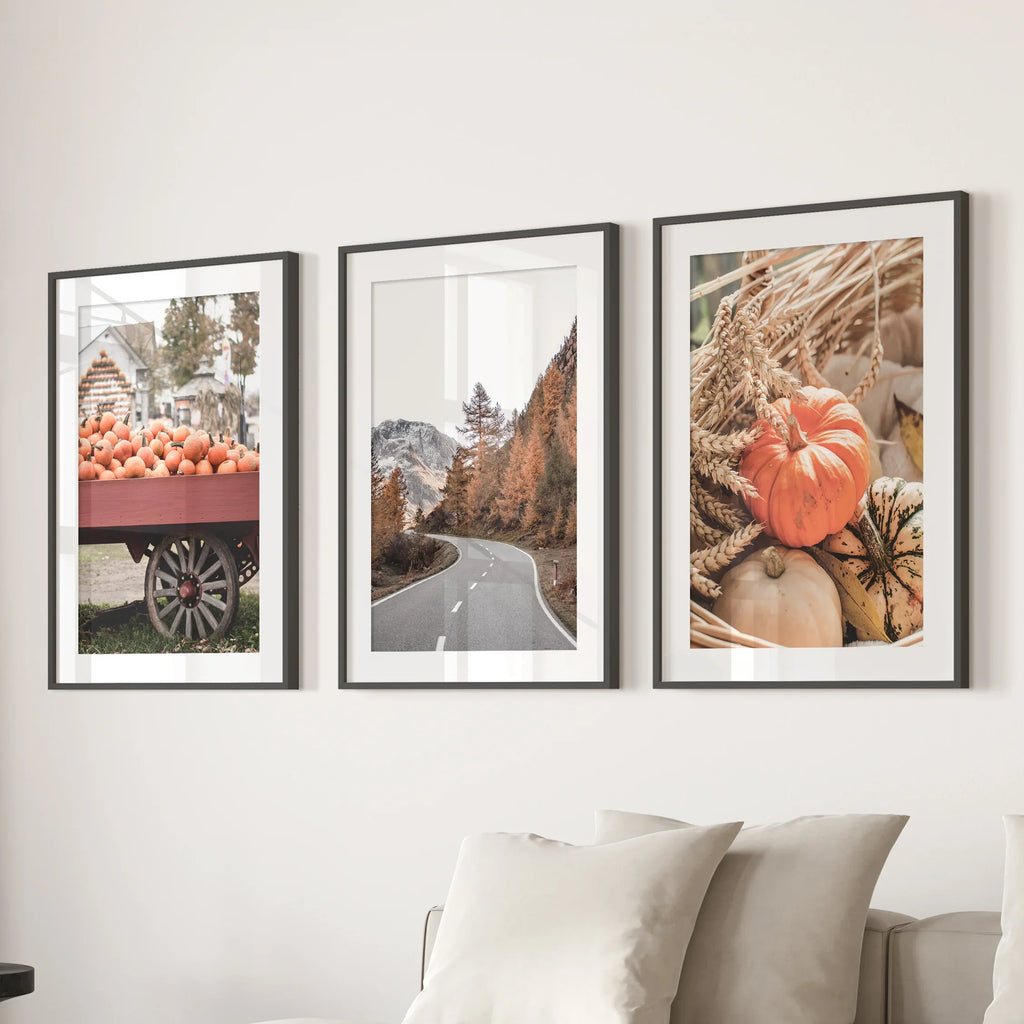 Autumn Pumpkin Set of 3 Prints. Rustic Fall Harvest Decor