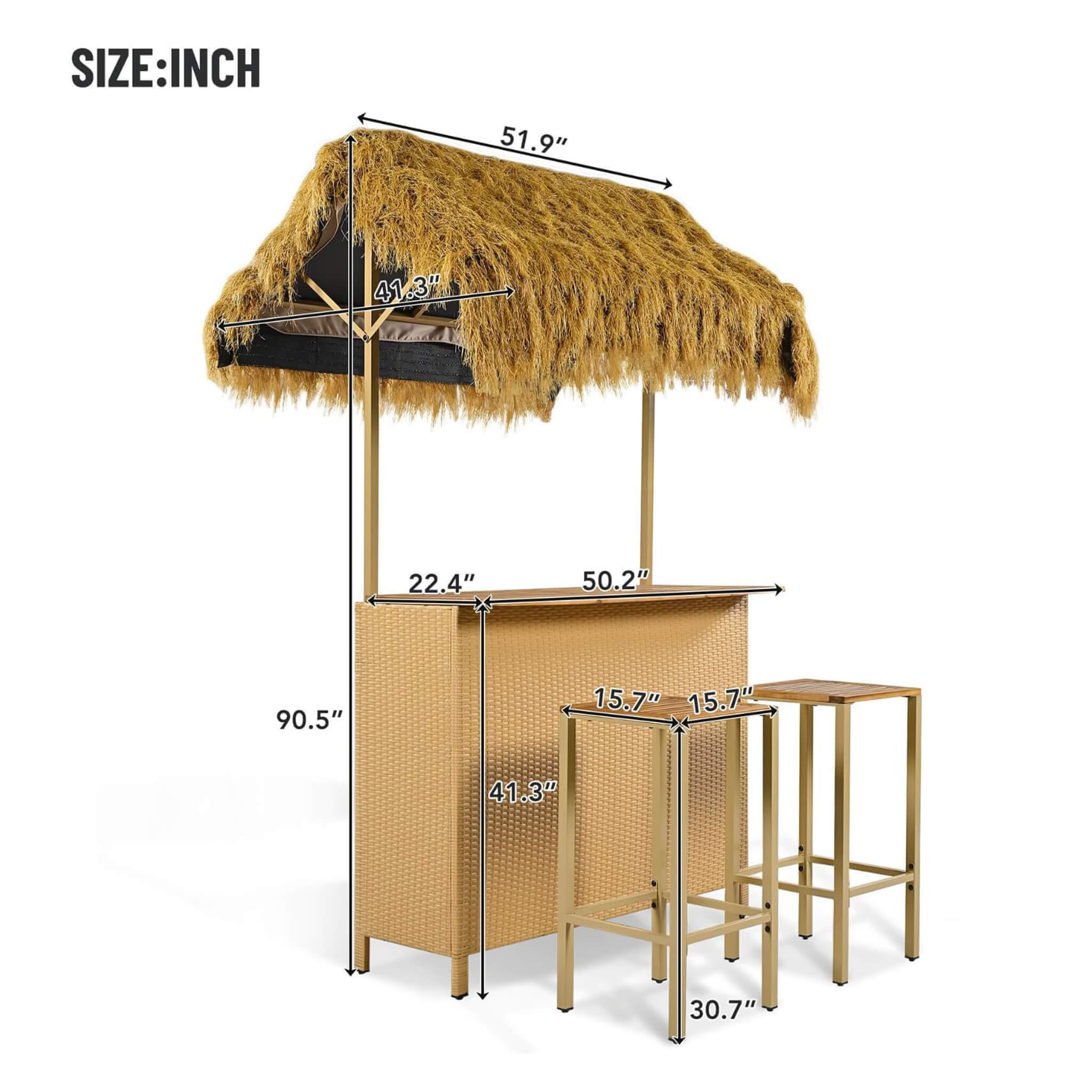 Alora 3-Piece Hawaiian Bar-Height Patio Set With Grass Canopy And Stools (SAK63047)
