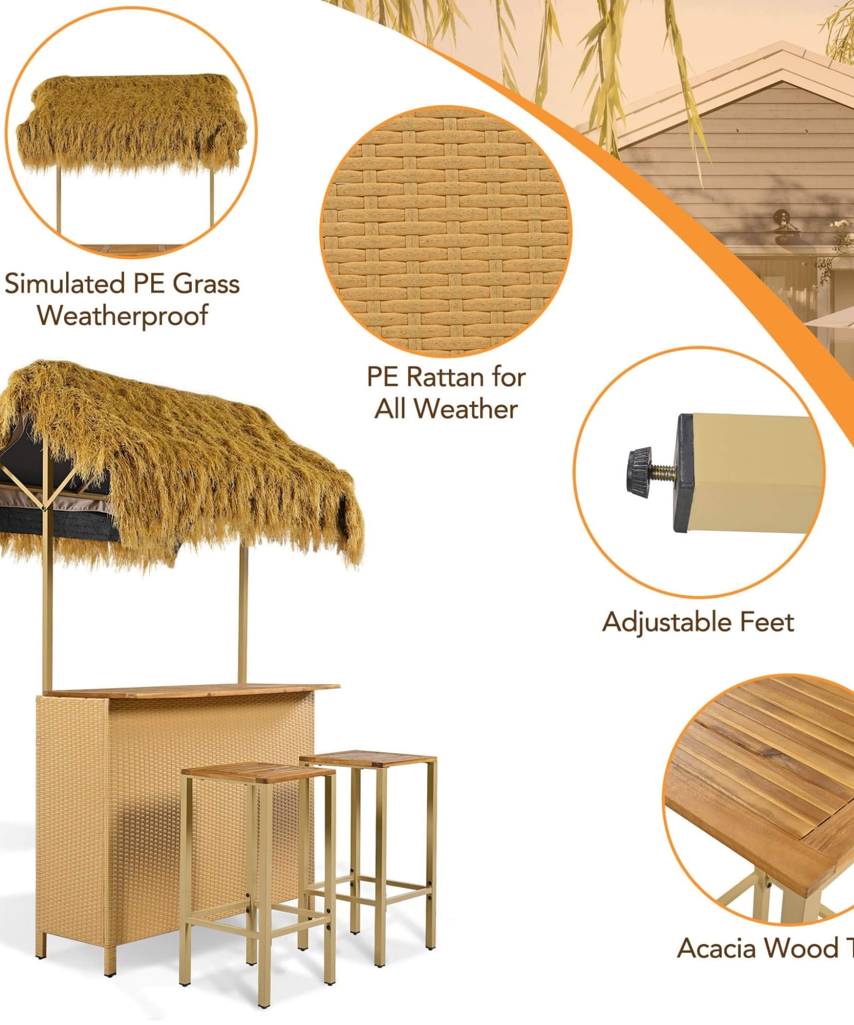 Alora 3-Piece Hawaiian Bar-Height Patio Set With Grass Canopy And Stools (SAK63047)
