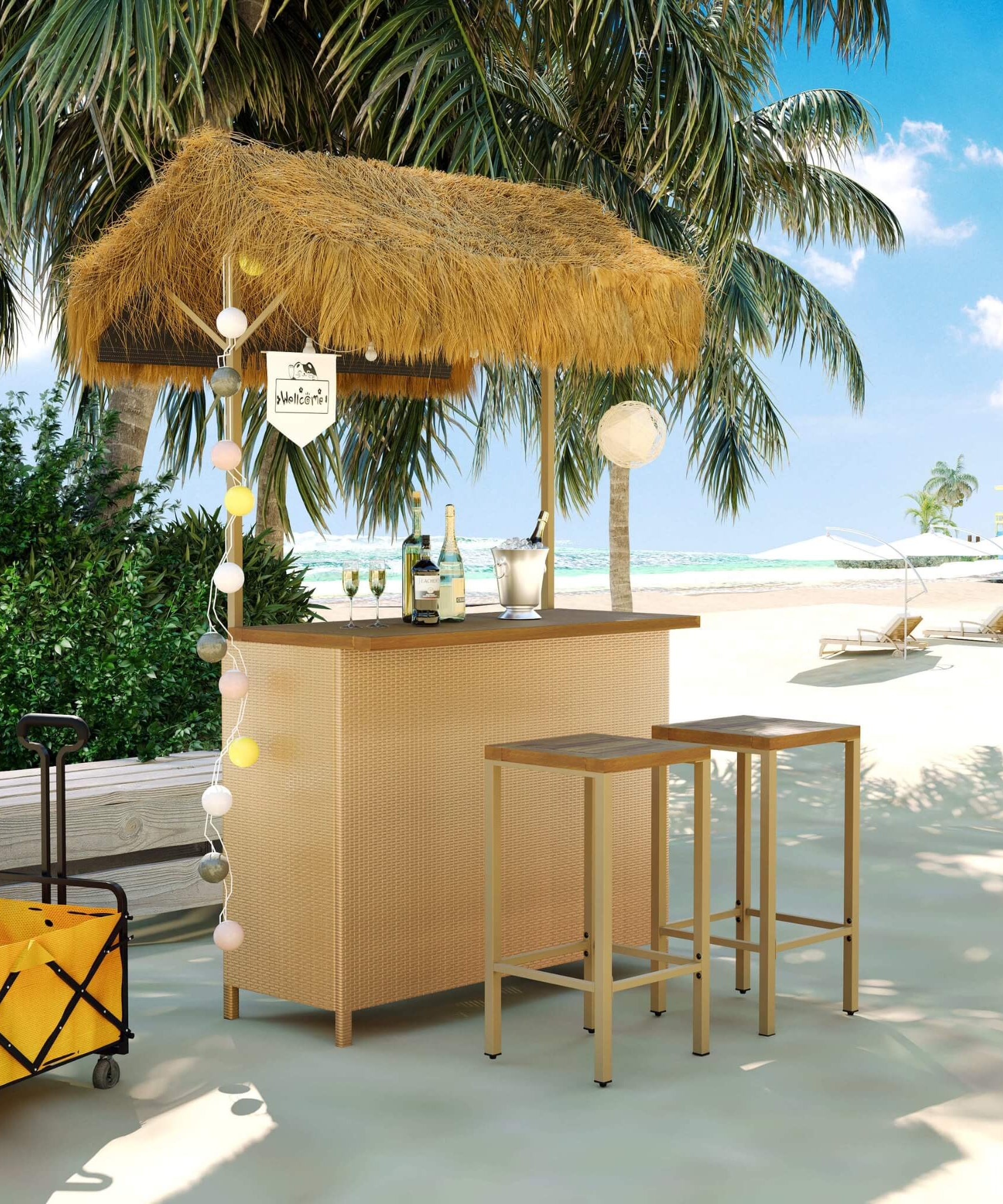 Alora 3-Piece Hawaiian Bar-Height Patio Set With Grass Canopy And Stools (SAK63047)