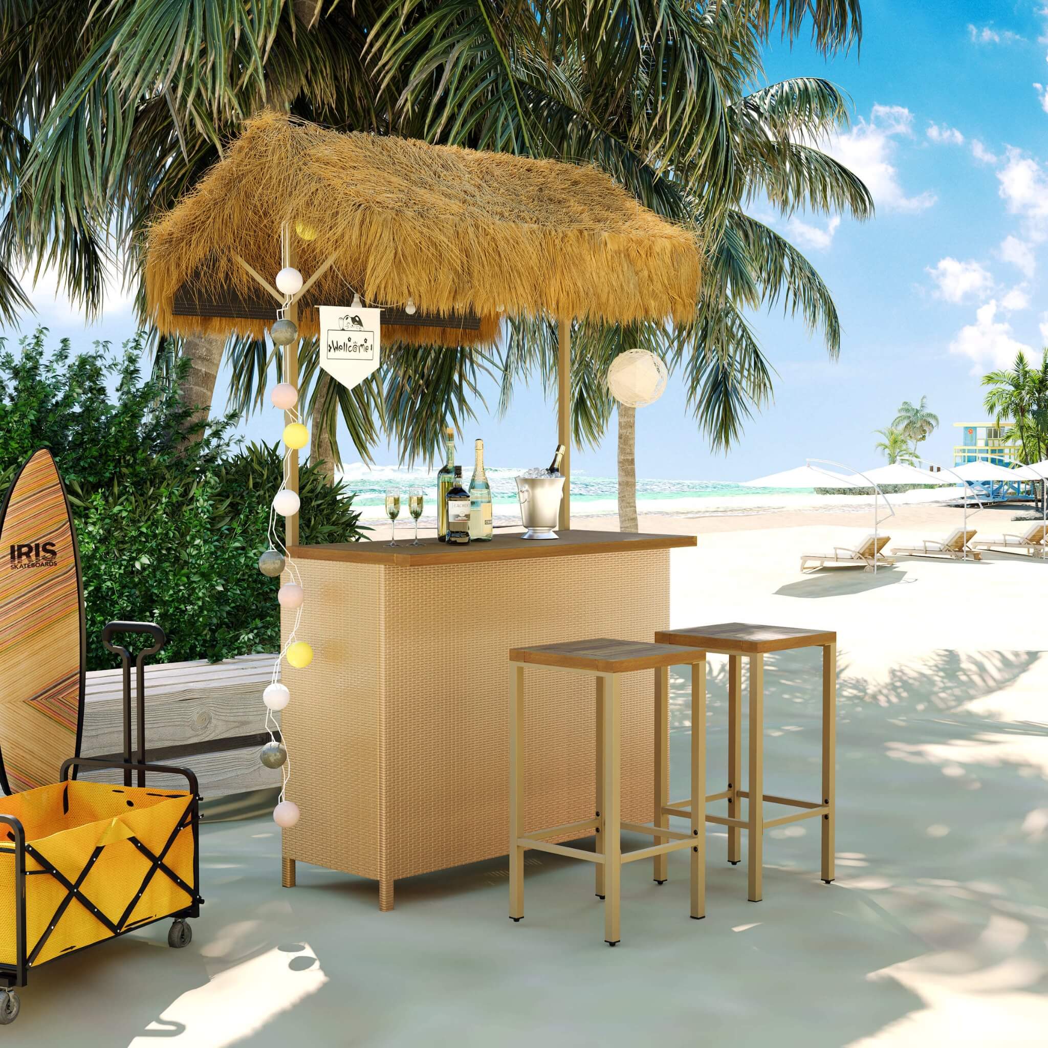 Alora 3-Piece Hawaiian Bar-Height Patio Set With Grass Canopy And Stools (SAK63047)