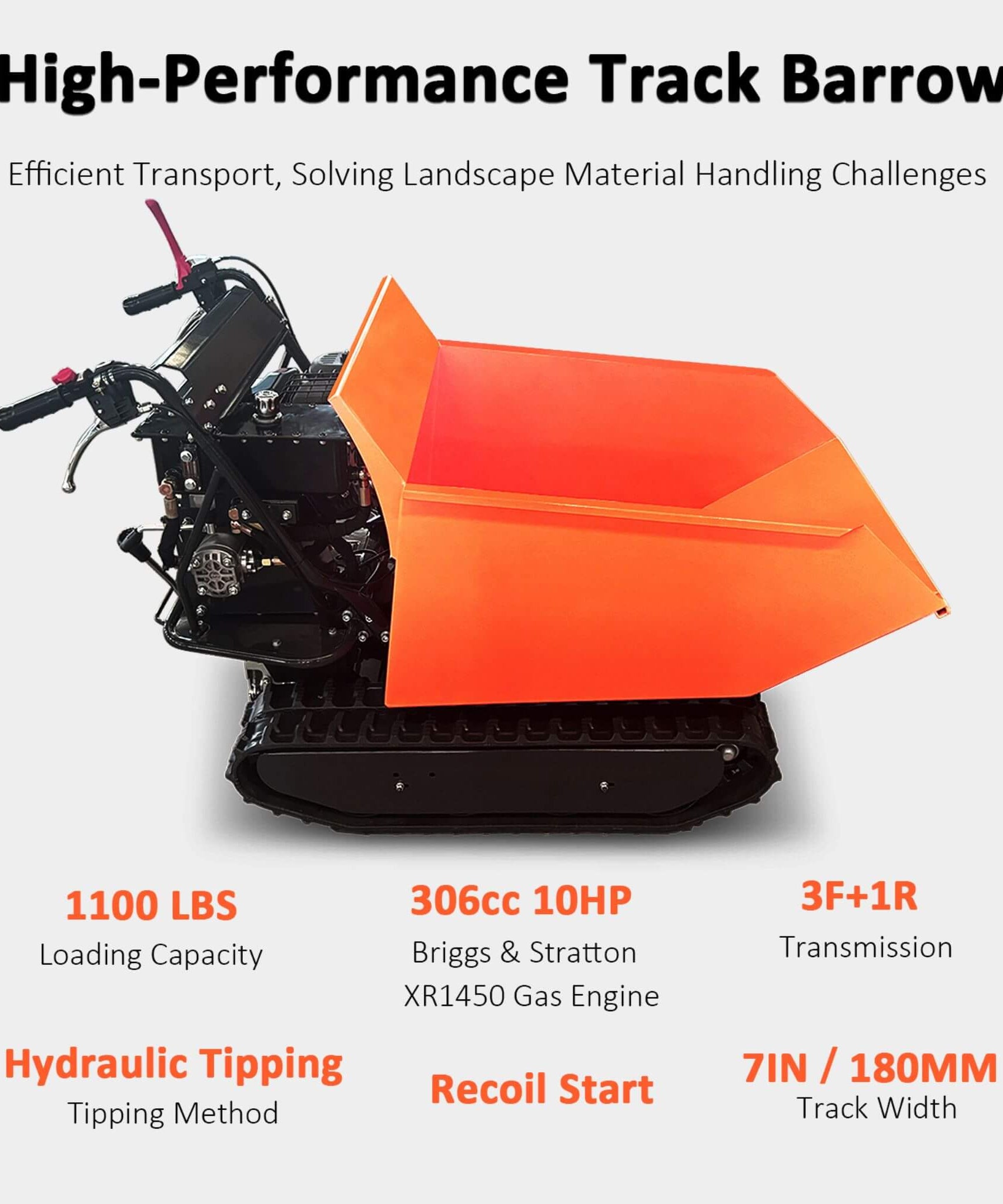 Heavy-Duty 1100LBS 10HP Gas-Powered Track Barrow With Hydraulic Assist (SAK48291)