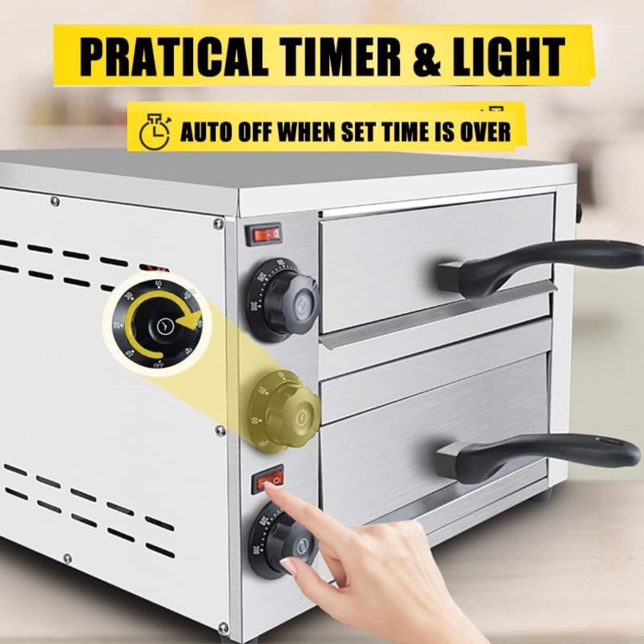 Heavy-Duty 14-Inch Commercial Stainless Steel Electric 2-Tier Tabletop Pizza Oven With Timer (SAK90432)