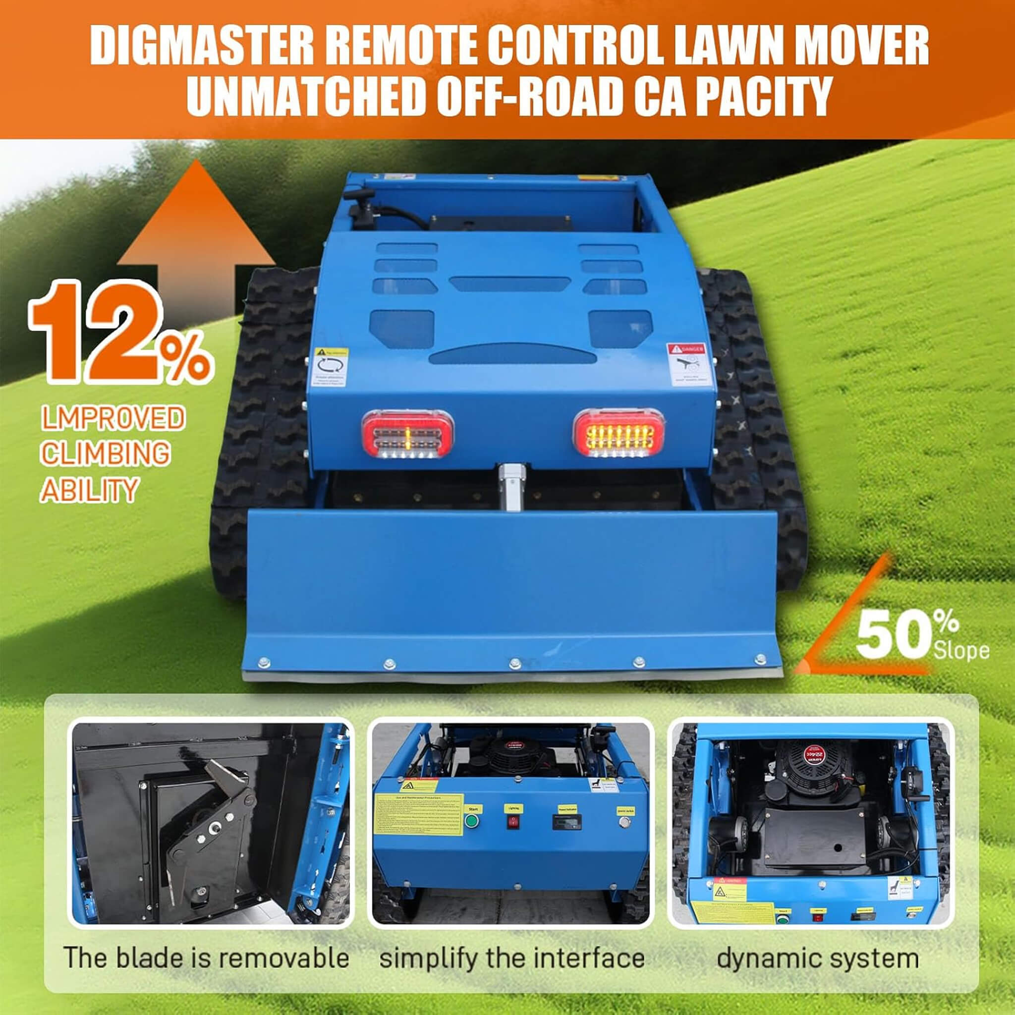 Heavy-Duty 21-Inch 9HP Commercial Remote-Controlled Robotic Lawn Mower With Tracks And Plow (SAK26583)
