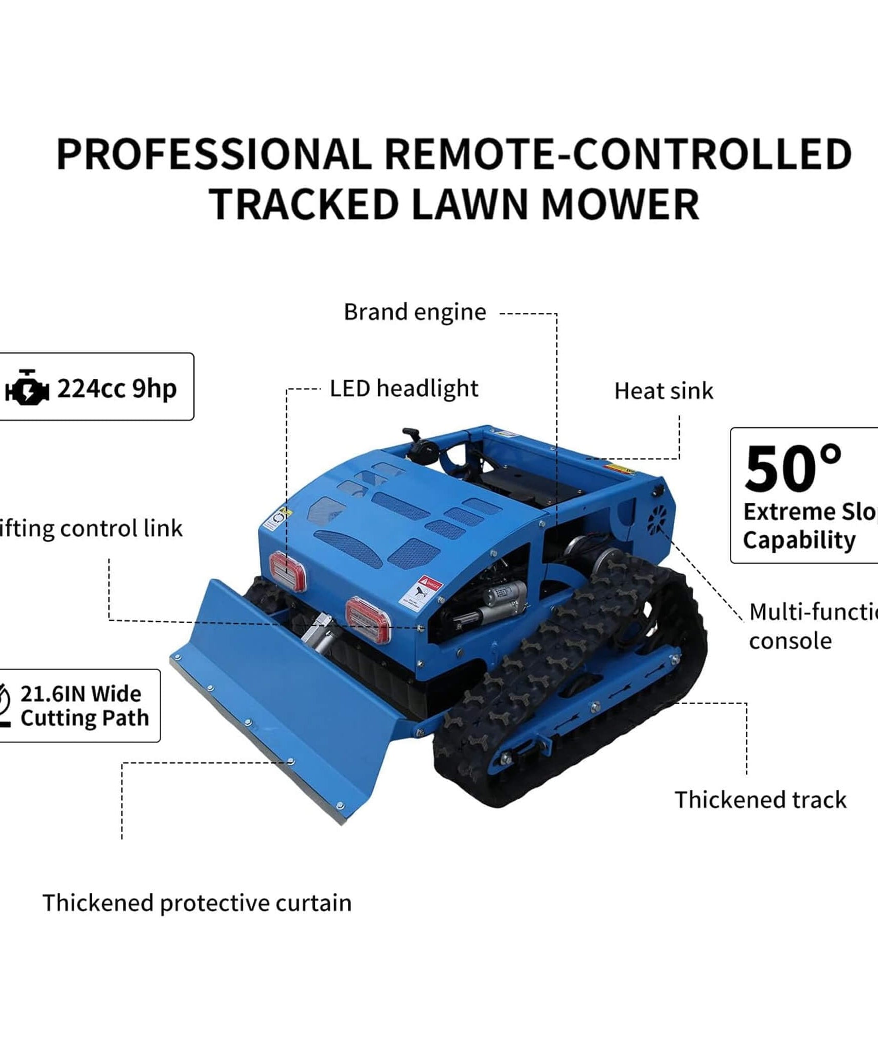 Heavy-Duty 21-Inch 9HP Commercial Remote-Controlled Robotic Lawn Mower With Tracks And Plow (SAK26583)