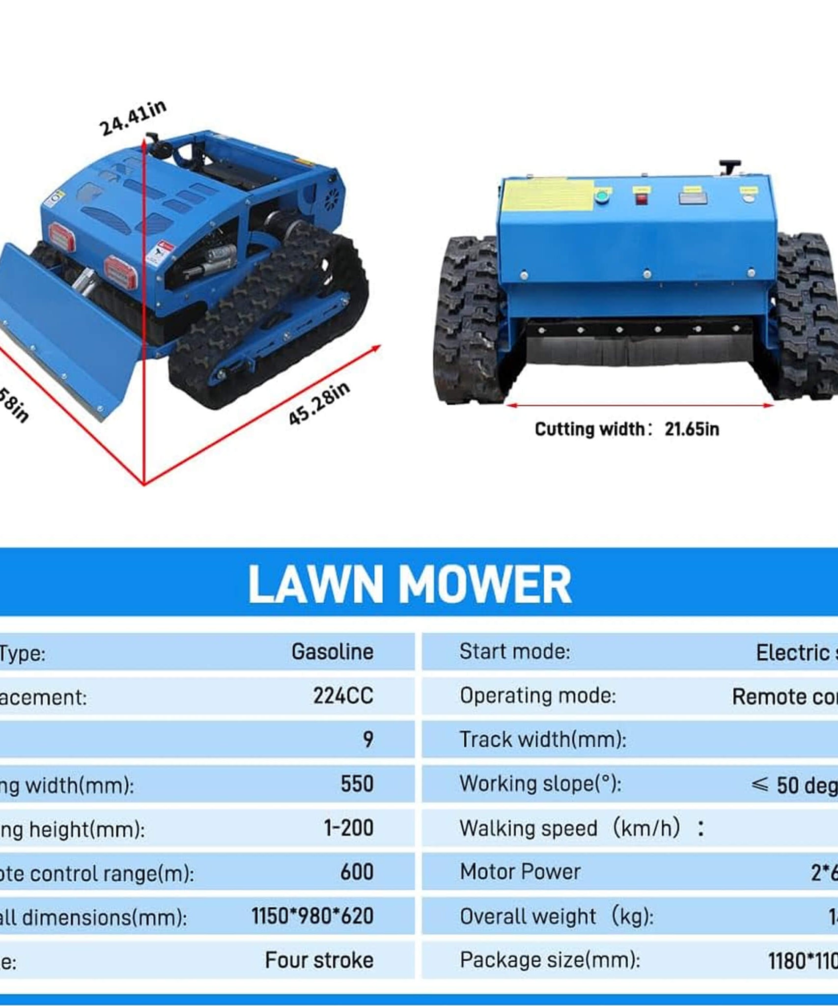 Heavy-Duty 21-Inch 9HP Commercial Remote-Controlled Robotic Lawn Mower With Tracks And Plow (SAK26583)