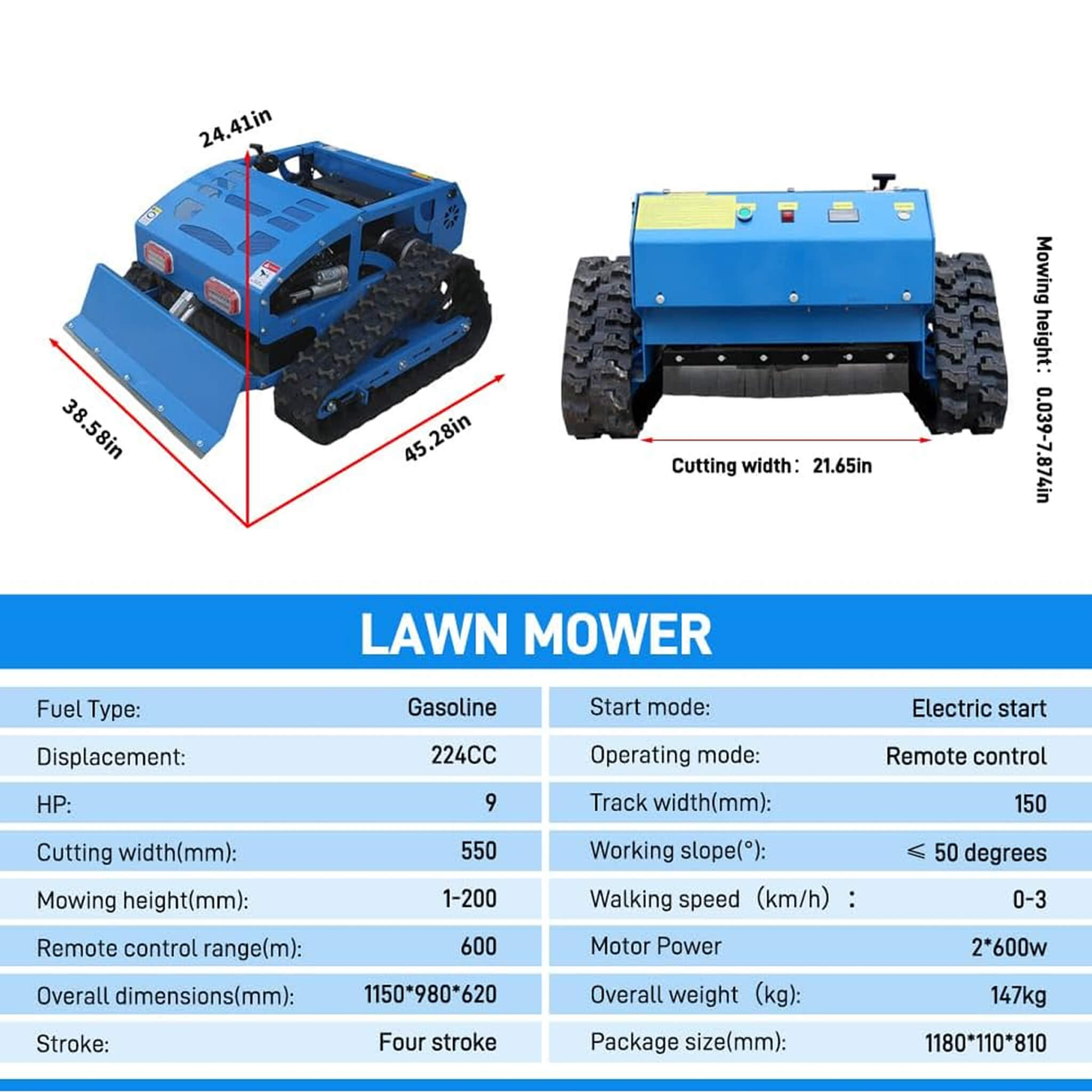 Heavy-Duty 21-Inch 9HP Commercial Remote-Controlled Robotic Lawn Mower With Tracks And Plow (SAK26583)