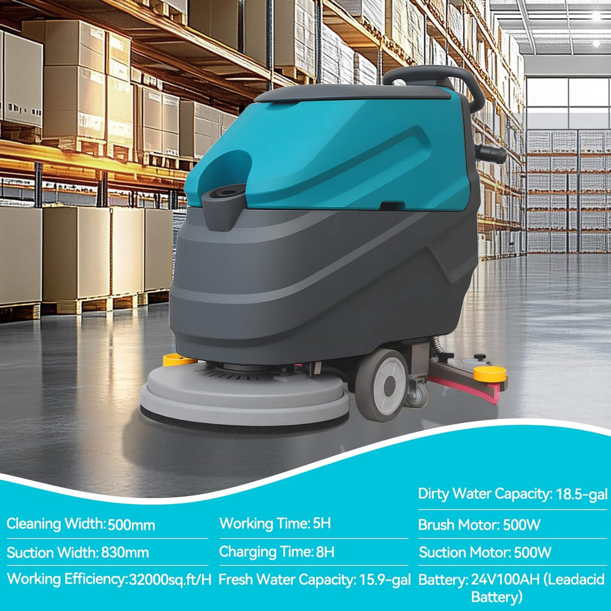 Heavy-Duty 22-Inch Industrial Walk-Behind Floor Scrubber With Squeegee Suction (SAK90834)