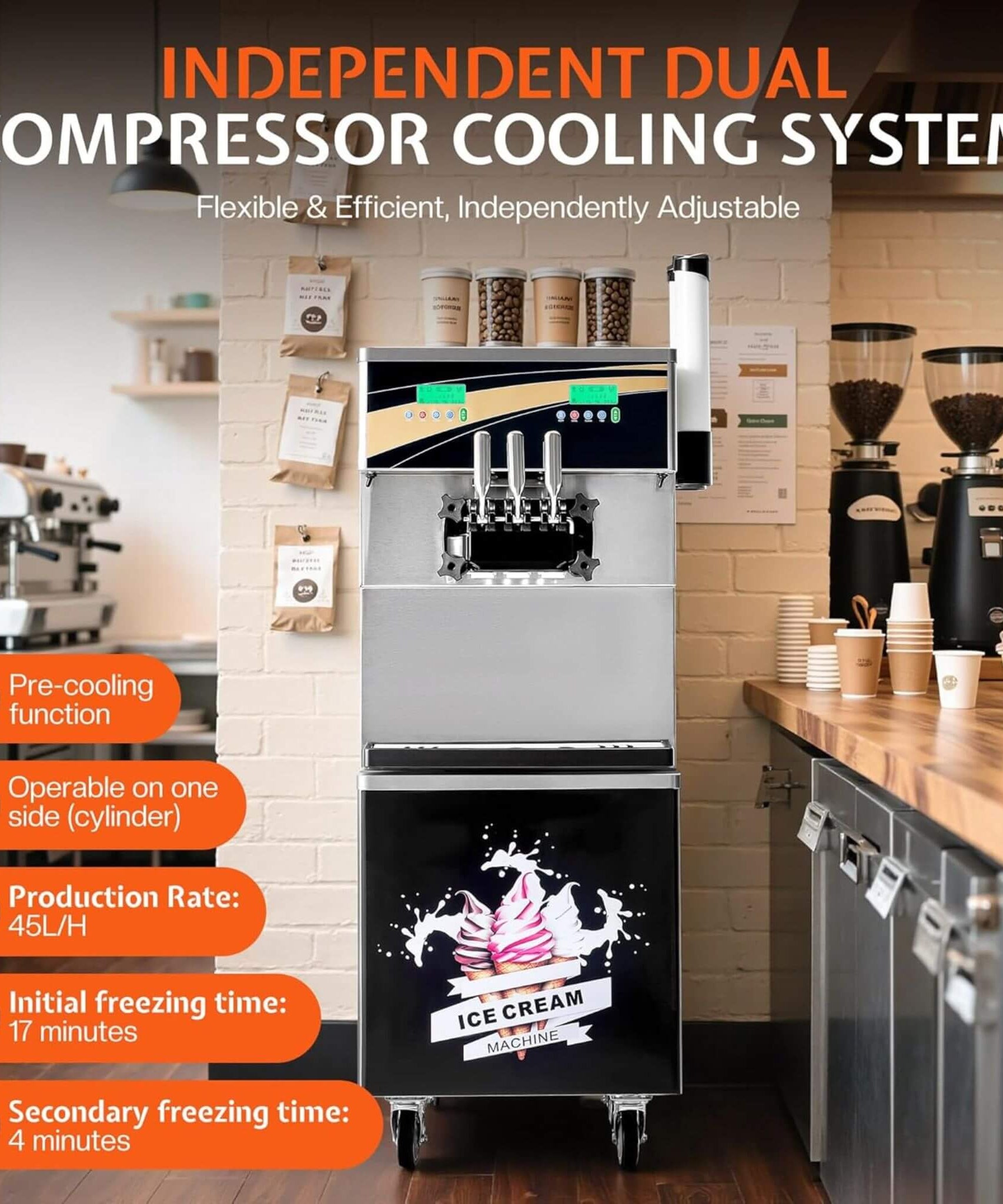 Heavy-Duty 45L/H 3-Flavor Dual Compressor Commercial Soft Serve Ice Cream Machine (SAK43195)