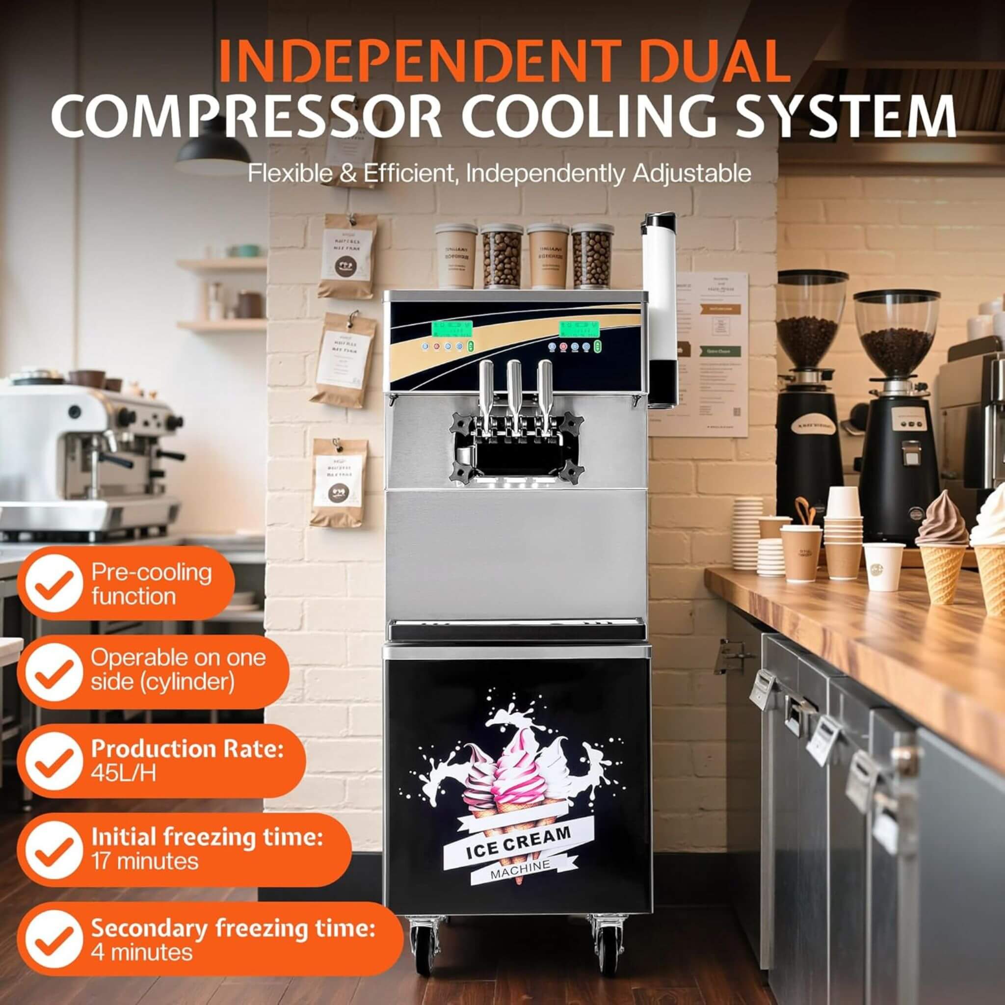 Heavy-Duty 45L/H 3-Flavor Dual Compressor Commercial Soft Serve Ice Cream Machine (SAK43195)