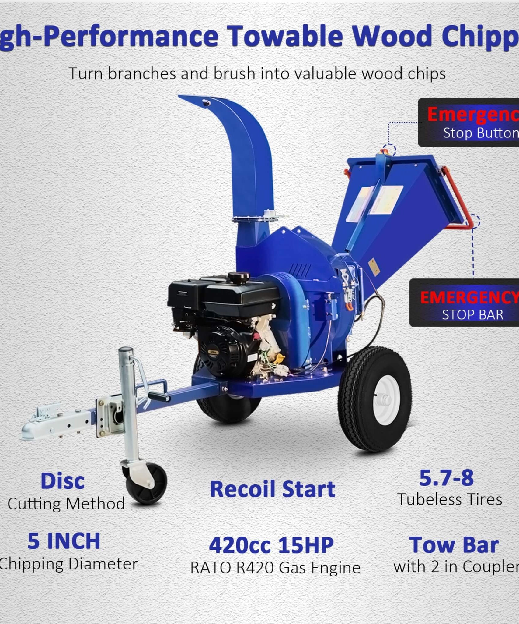 Heavy-Duty 5-Inch 15HP 420CC Gas Towable Disc Wood Chipper Shredder With Recoil Start (SAK51947)