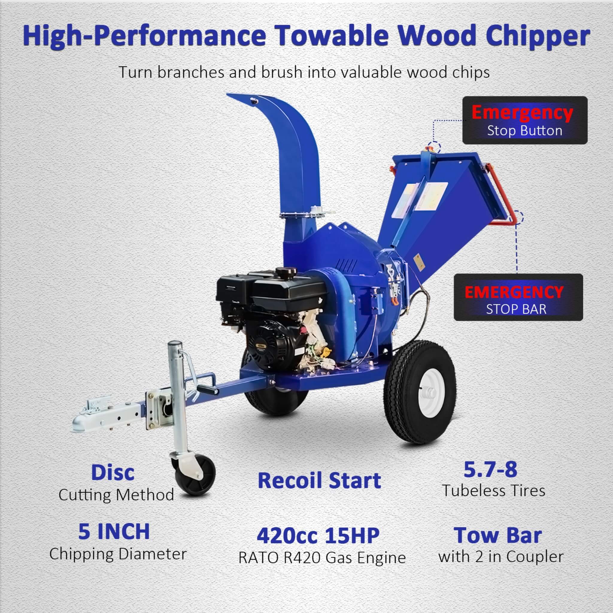 Heavy-Duty 5-Inch 15HP 420CC Gas Towable Disc Wood Chipper Shredder With Recoil Start (SAK51947)
