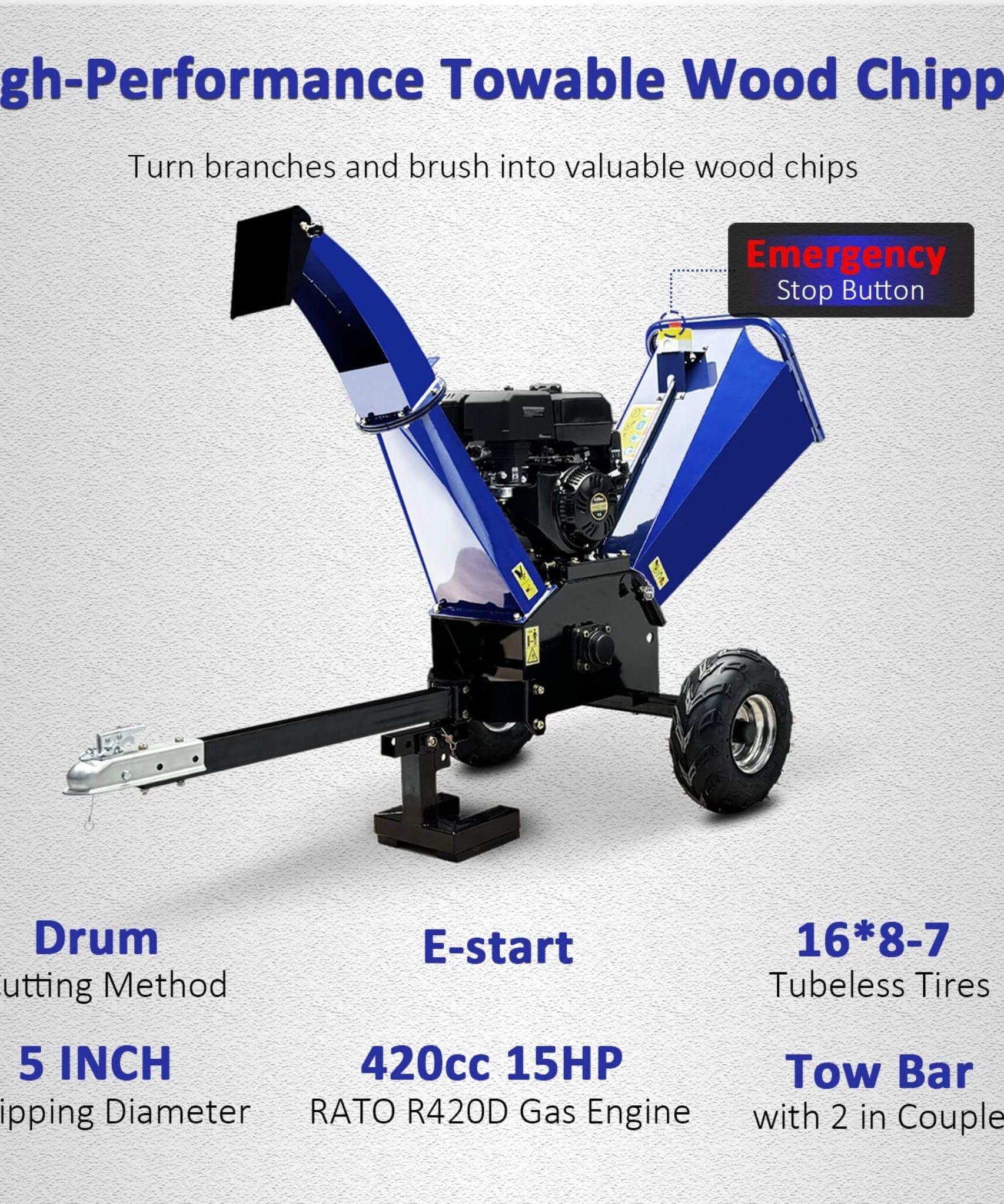 Heavy-Duty 5-Inch 15HP 420CC Gas Drum Wood Chipper Shredder With Electric Start And Tow Hitch (SAK48652)