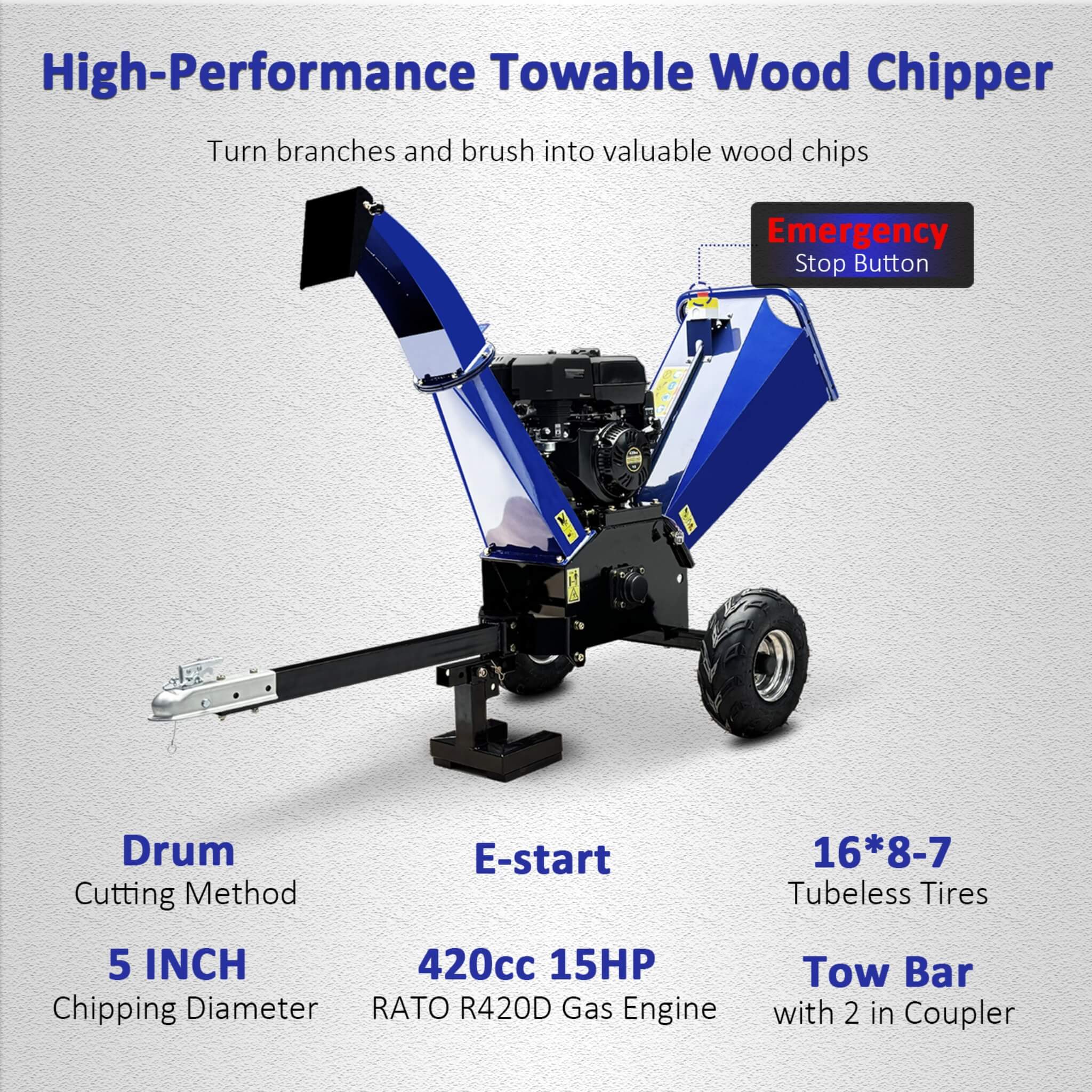 Heavy-Duty 5-Inch 15HP 420CC Gas Drum Wood Chipper Shredder With Electric Start And Tow Hitch (SAK48652)