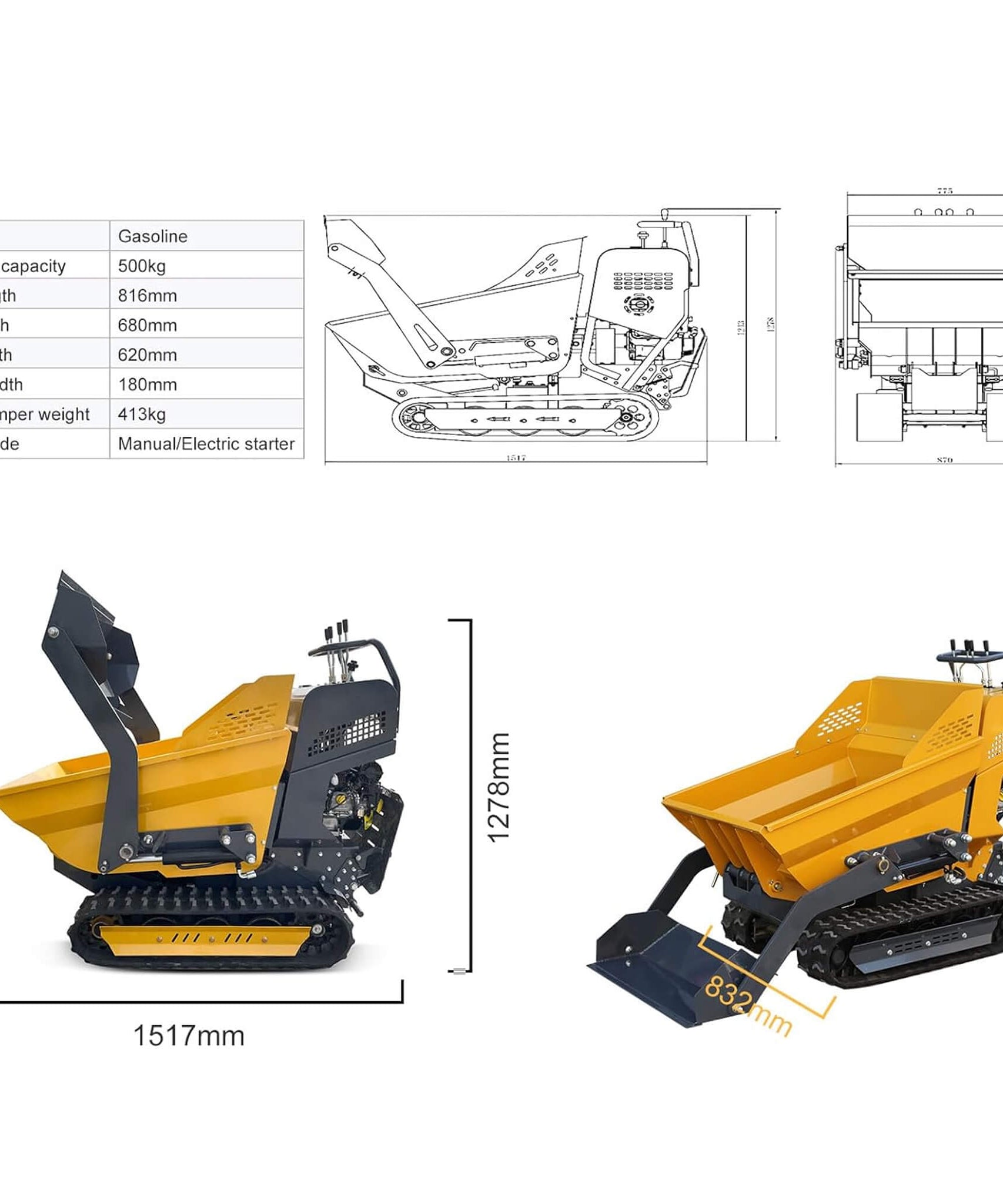 Heavy-Duty 6.5HP 1100LBS Tracked Hydraulic Dumper With Shovel (SAK62780)