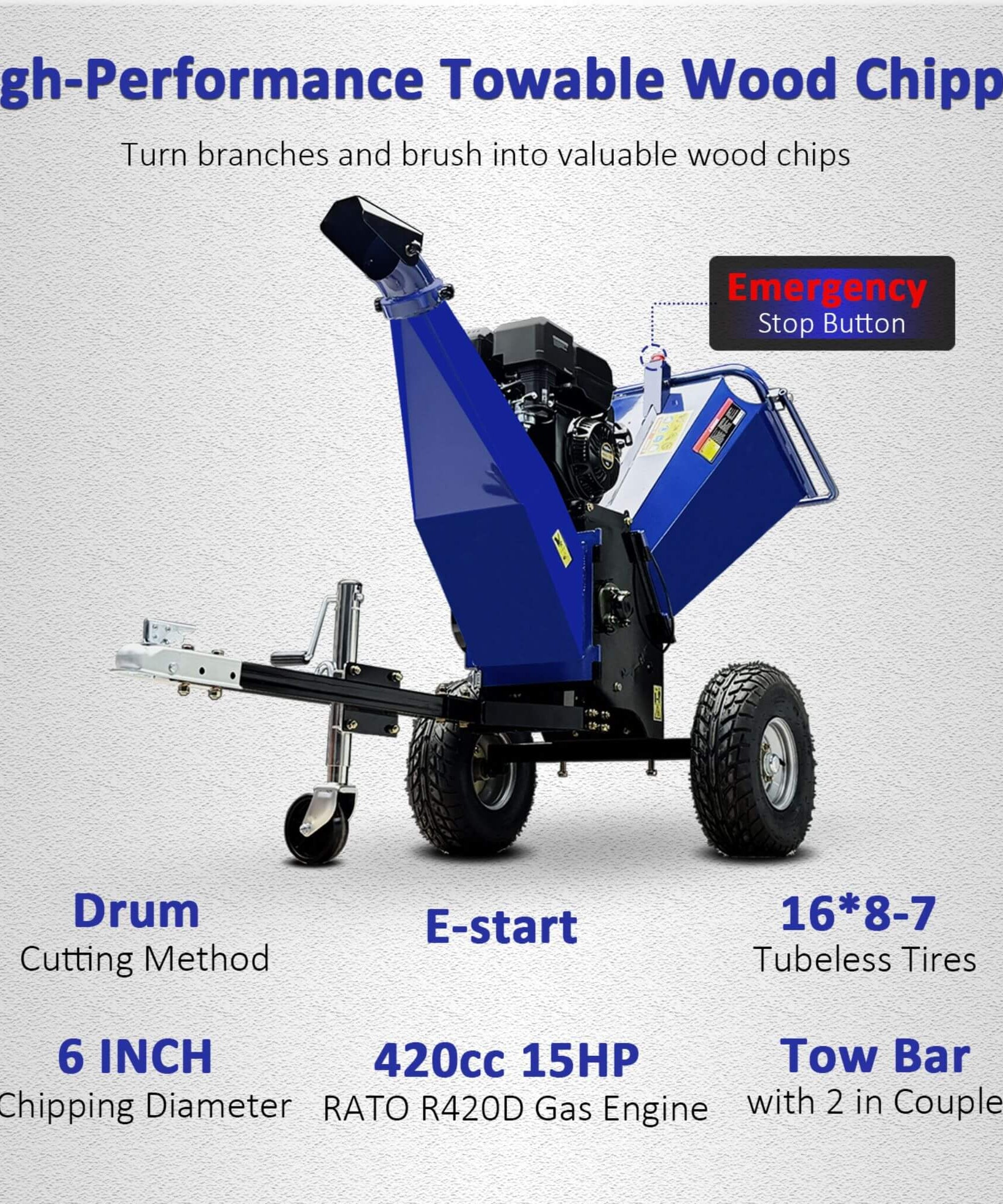 Heavy-Duty 6-Inch 15HP 420CC Towable Gas Drum Wood Chipper Shredder With Electric Start (SAK50896)