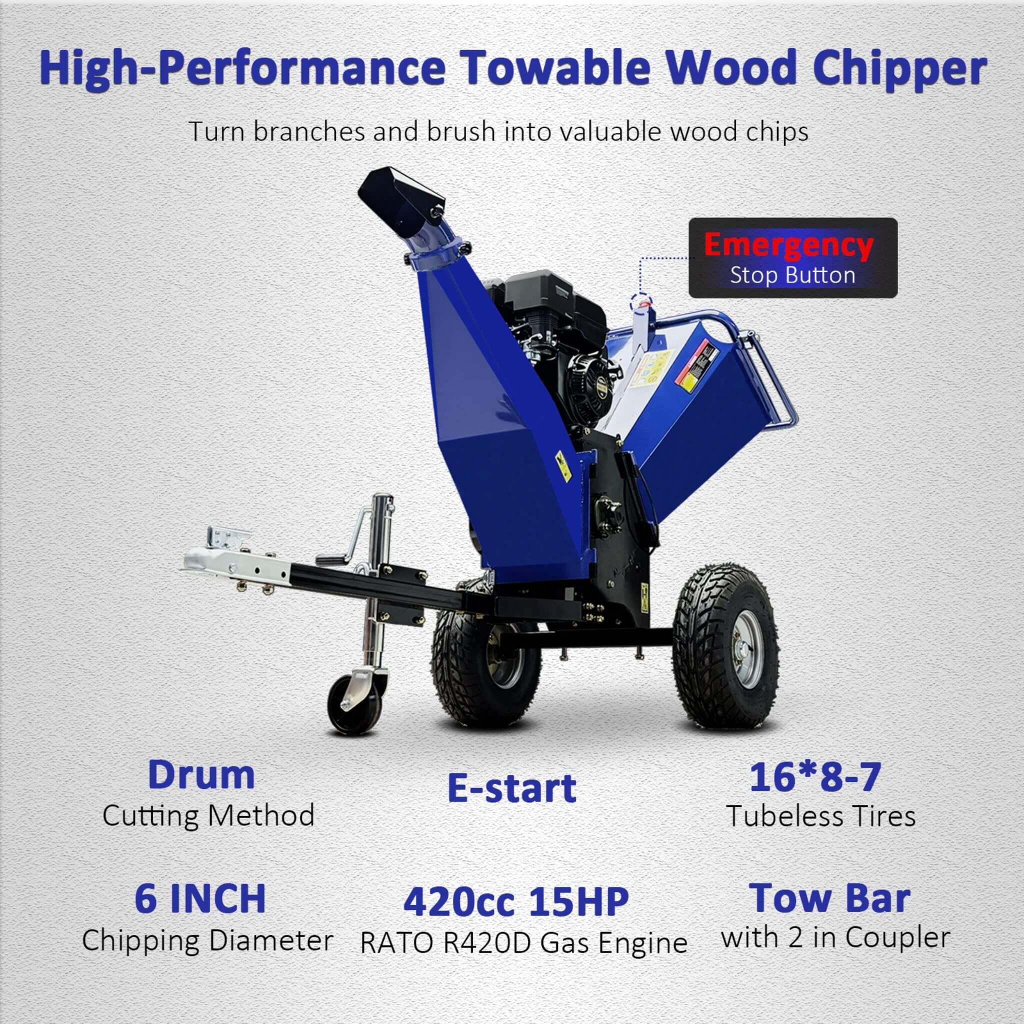 Heavy-Duty 6-Inch 15HP 420CC Towable Gas Drum Wood Chipper Shredder With Electric Start (SAK50896)