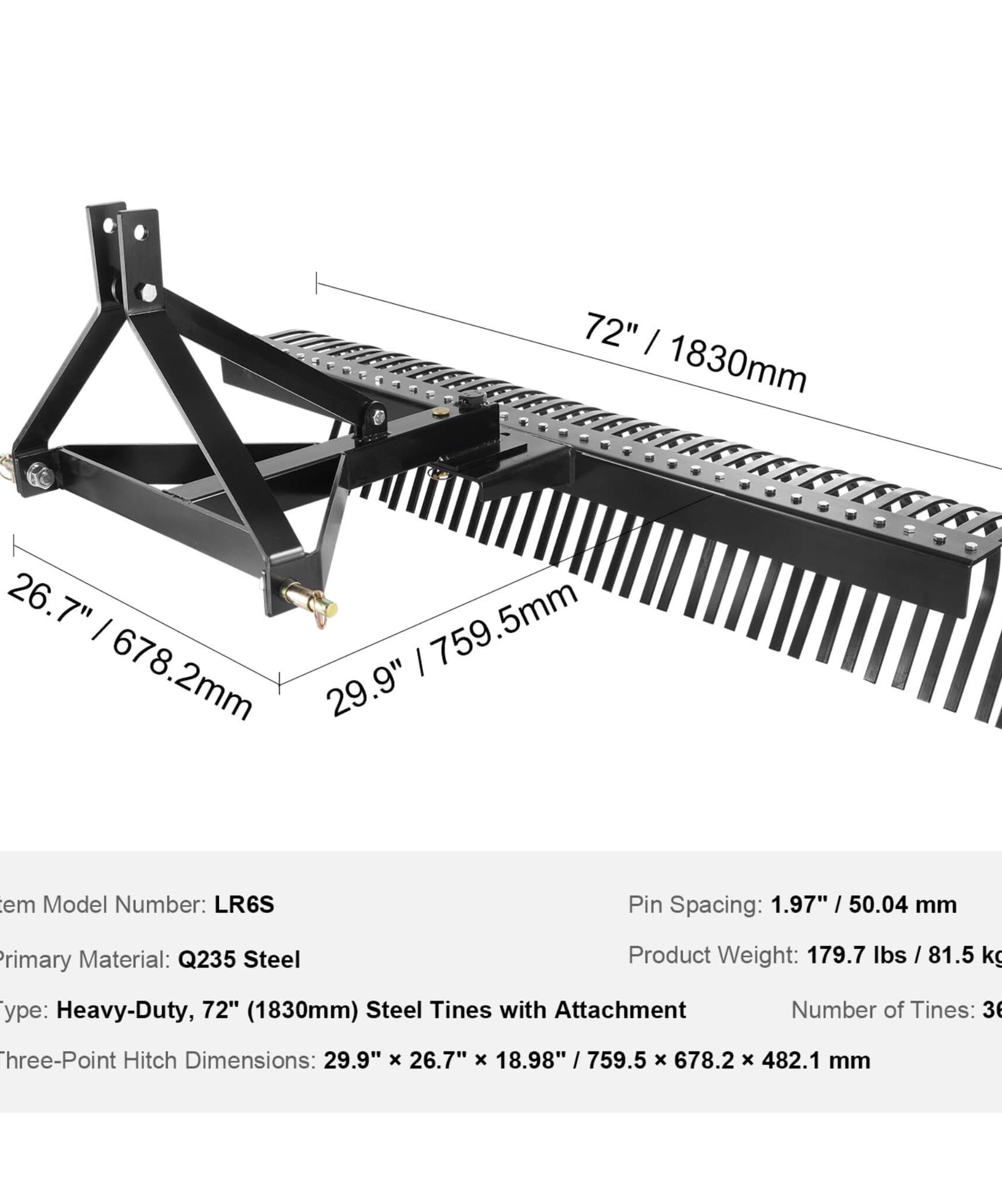 Heavy-Duty 72-Inch 3-Point Tow Behind Tractor Dethatcher Attachment With Steel Tines (SAK79426)